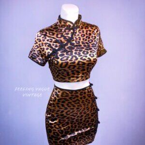 90’s Cheongsam Style Leopard Print Stretch Satin Mini Skirt and Crop Top Set